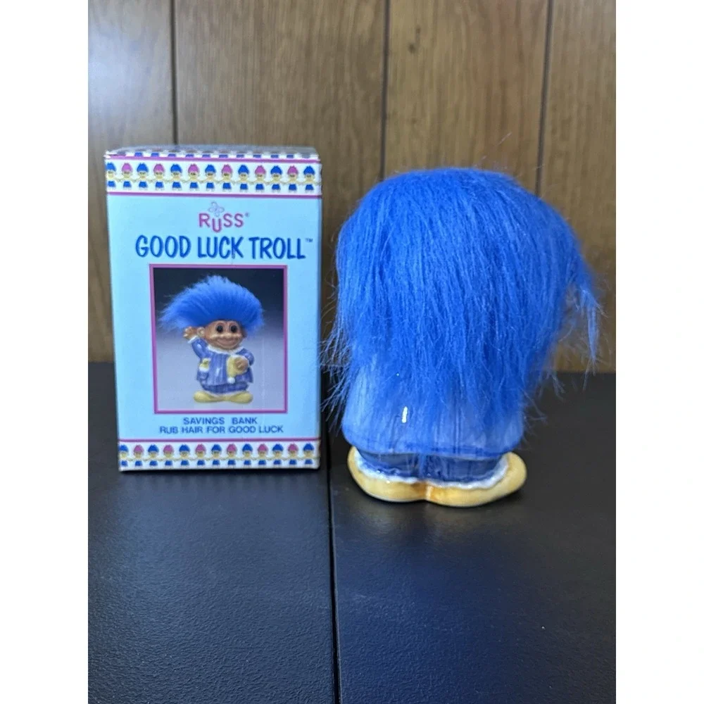 Russ Good Luck Troll Savings Bank With Blue Hair & Pajama Design, Box.